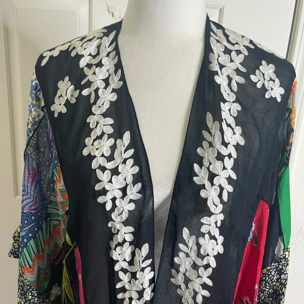John Mark Kimono Wrap Womens XL Multicolor New Patchwork Floral Embroidered Boho
